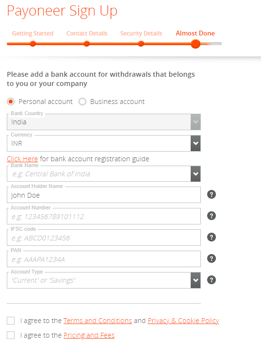 Payoneer Account Information Submit