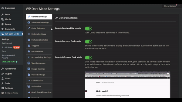 Advanced, Color, and Switching Settings of Dark Mode