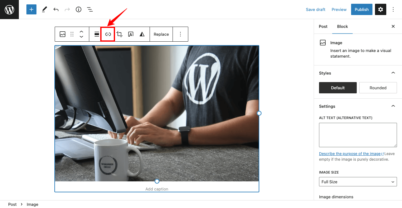 Click on the Link Icon from WordPress Block Editor to Link the Image