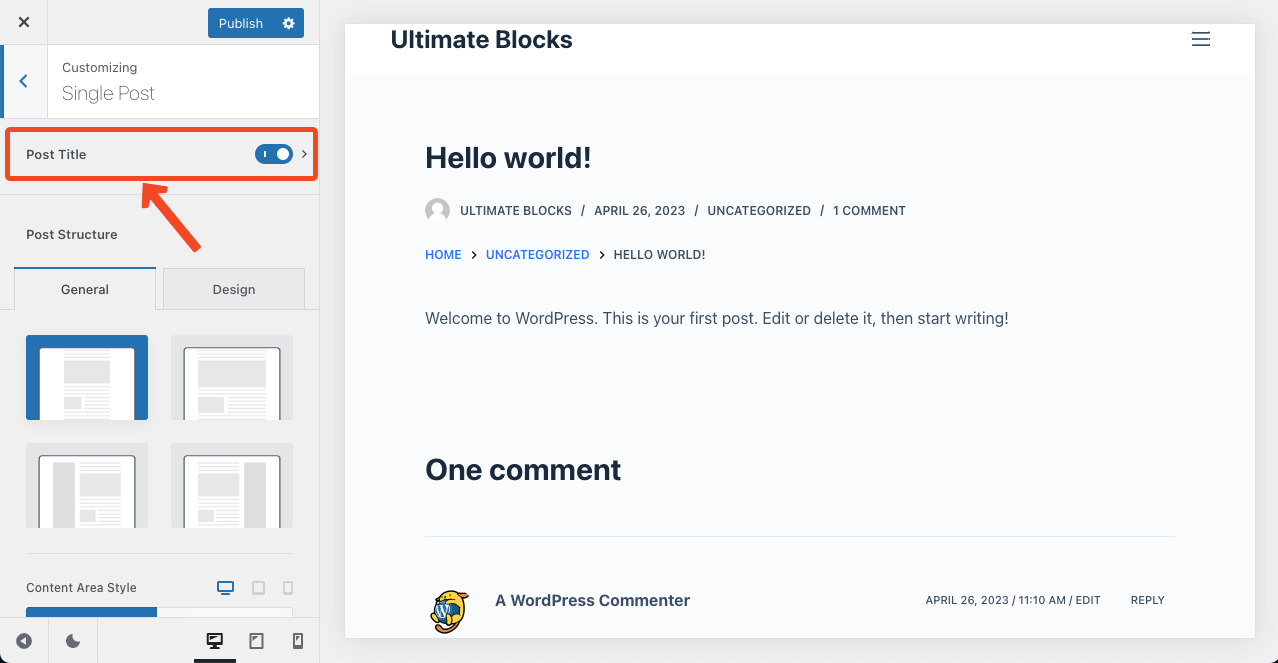 Click on Page Title on the Blocksy Theme copy