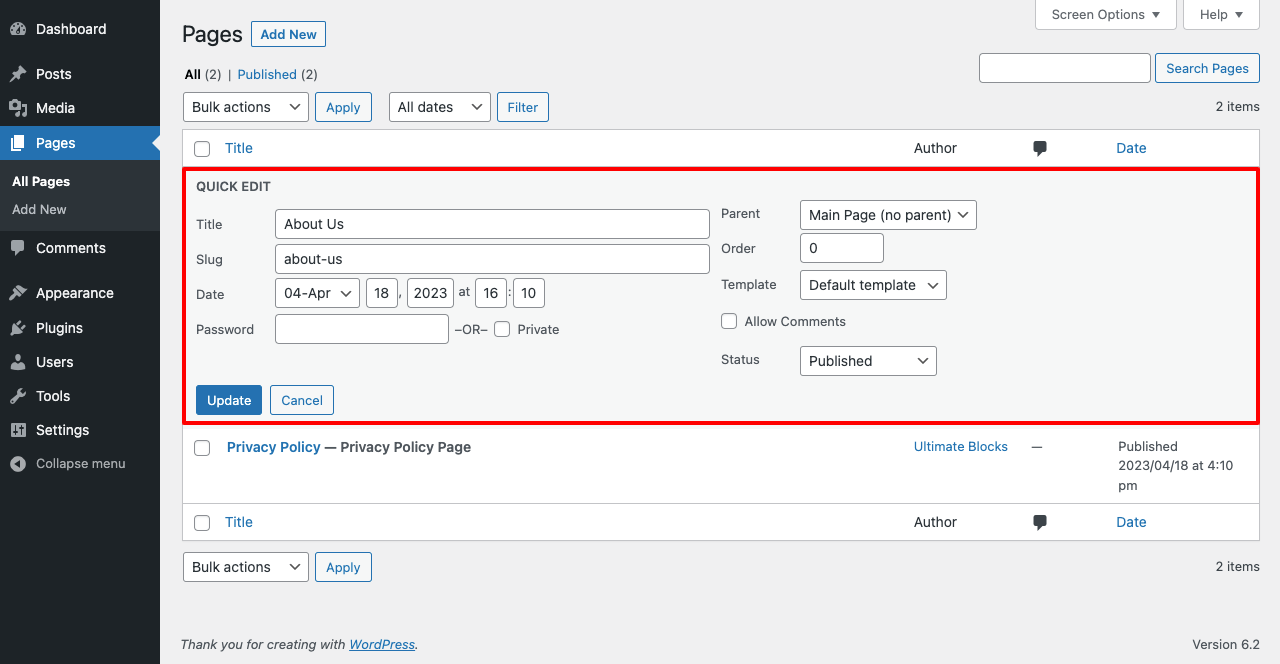 Update your desired page from the Quick Edit option copy