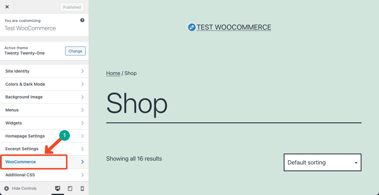 Go to WooCommerce from the theme customizing page
