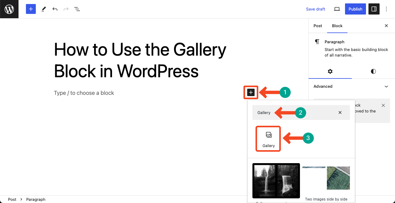 Add the Gallery block to your WordPress post or page