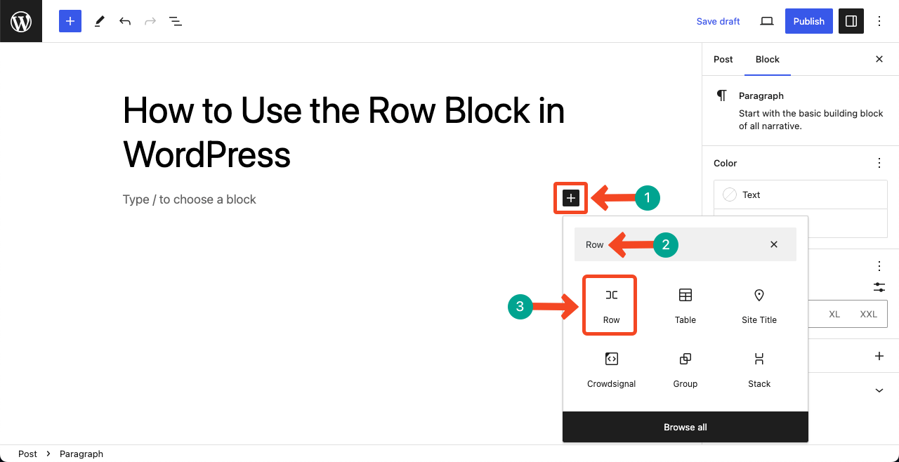 Add the Row block to your post or page