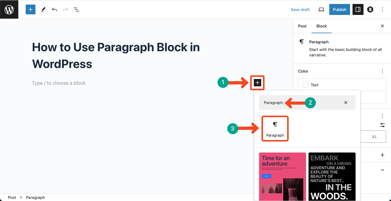 Add the Paragraph block from the Gutenberg editor