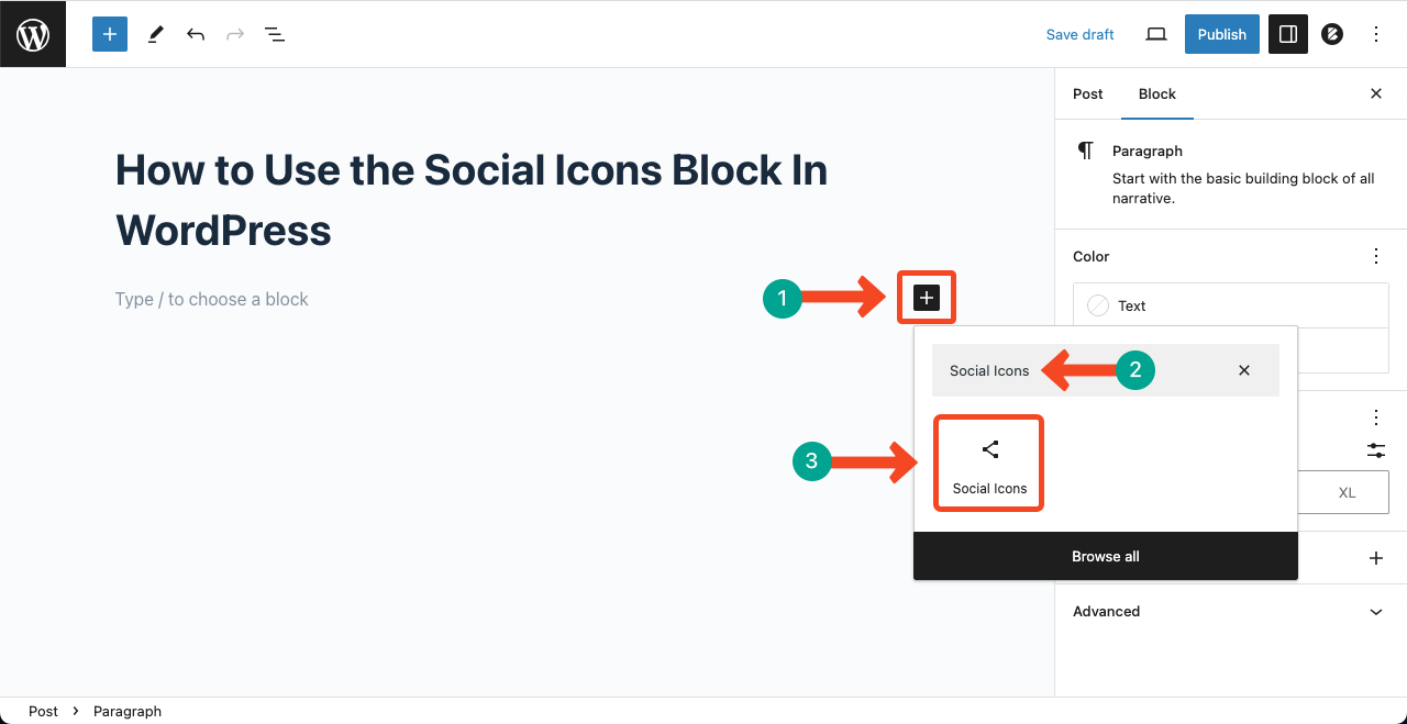 Add the Social Icons block to your post/page