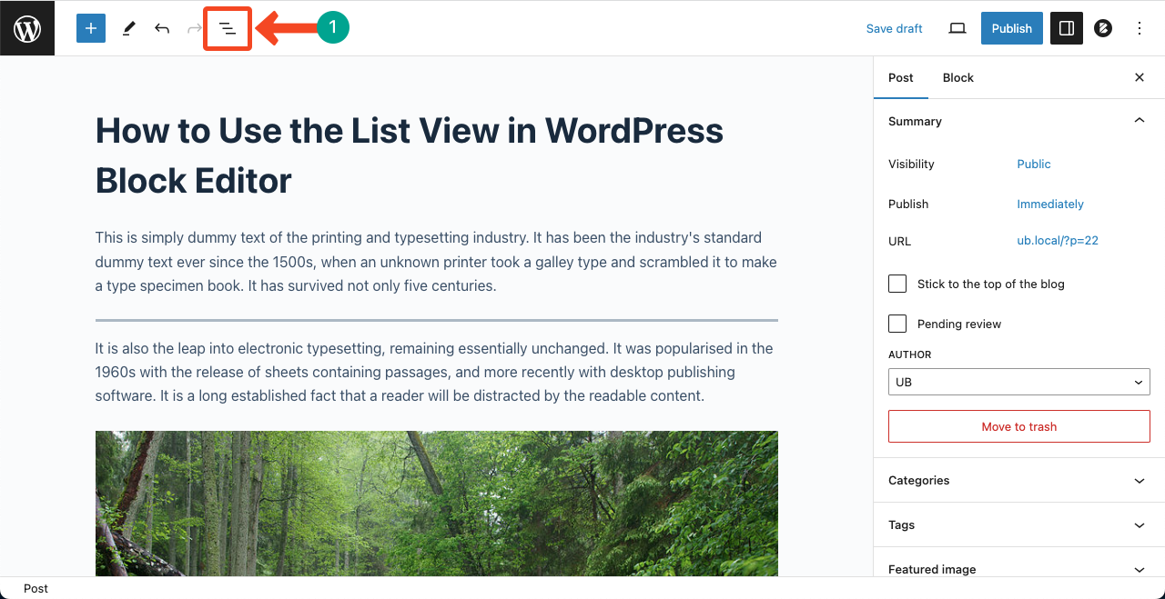 How to find the List View option in WordPress Block Editor