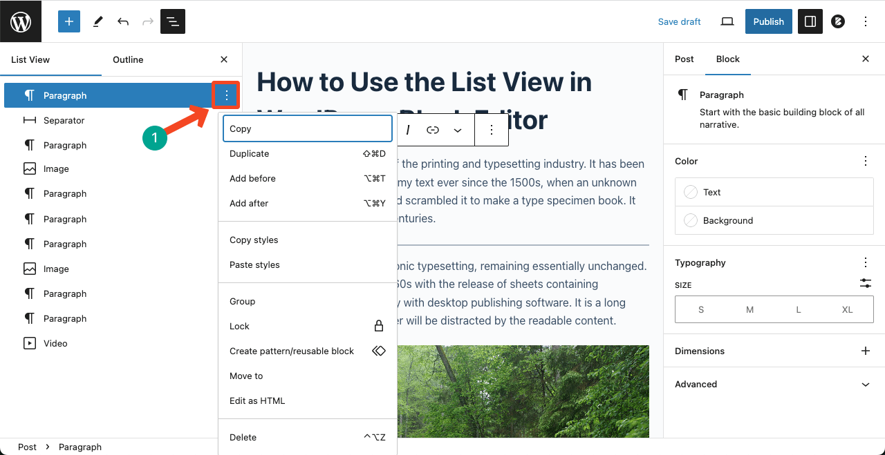 How to make changes to individual blocks on the List View option