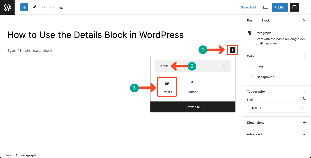 Add the Details block to your post